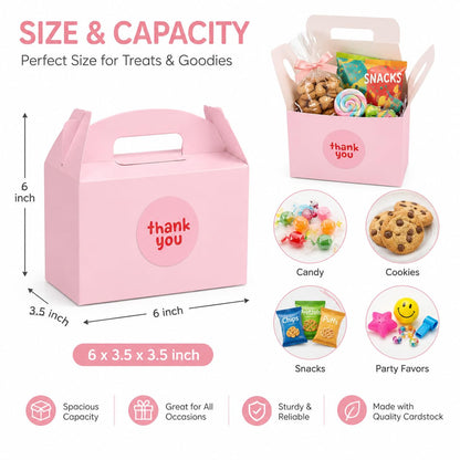 Treelement 24 Pcs Party Favor Gable Boxes with Handle and Stickers, 6×3.5×3.5 Inch Colorful Treat Boxes for Candies, Birthday, Wedding, Bridal Shower.