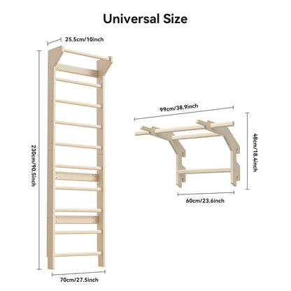 Swedish Ladder Wall Gym & Pull Up Bar Gymnastics Bar – Ultimate Wall Bars for Exercise with Adjustable Dip Bar Attachment, Wood Stall Bars for Home, Calisthenics, Physical Therapy and Kids Training (Burlywood)