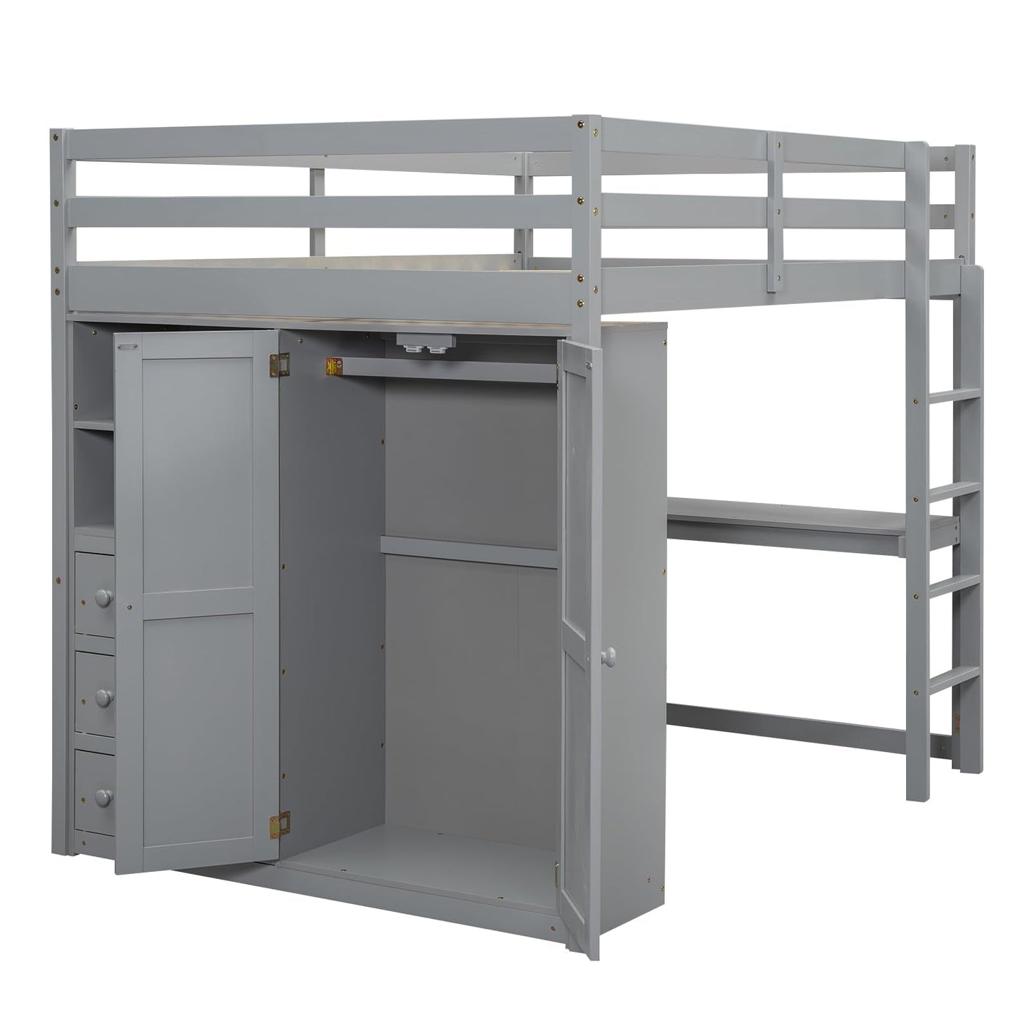 Full Size Loft Bed Frame with Built-in Wardrobe, Desk, Storage Shelves and Drawers, Wood Slat Support