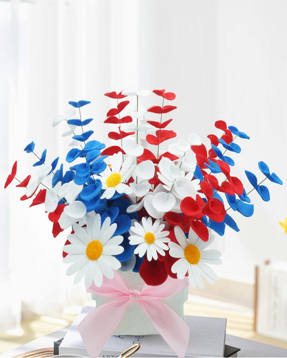 BAZIMA Felt Eucalyptus Daisy Bouquet, Felt Flowers,Multi-Color Felt Leaves,DIY Bouquet,Artificial Flower Bouquet with Flower Pot,Floral Gifts,15 Eucalyptus and 8 Daisies kit(Red, White and Blue)