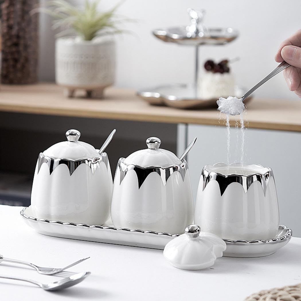 Magnitt Porcelain Condiment Jar Spice Container with Lids, Spoon and Tray, Set of 3,Modern Spice Box Seasoning Jar for Your Home, Kitchen, Counter (White gold)