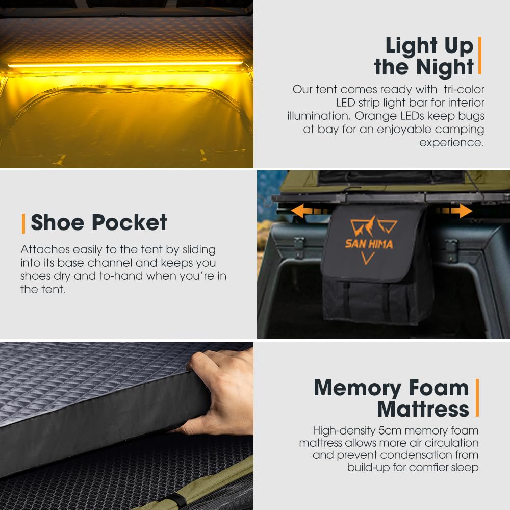 Sanhima Rooftop Tent Hard Shell - Hotham Lite Overland Aluminium Roof Top Tent 4.56" Slimline, w/Tri-Color LED Strip Light & 1.97” Thick Mattress, for Car SUV Truck Camping, 2-3 People (Army Green)