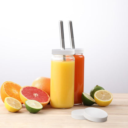 12 PACK, 16 OZ 2 Glass Juice Bottles with Airtight Lids, Bonus Straws & Perforated Lids, Reusable Juicer, Juicing