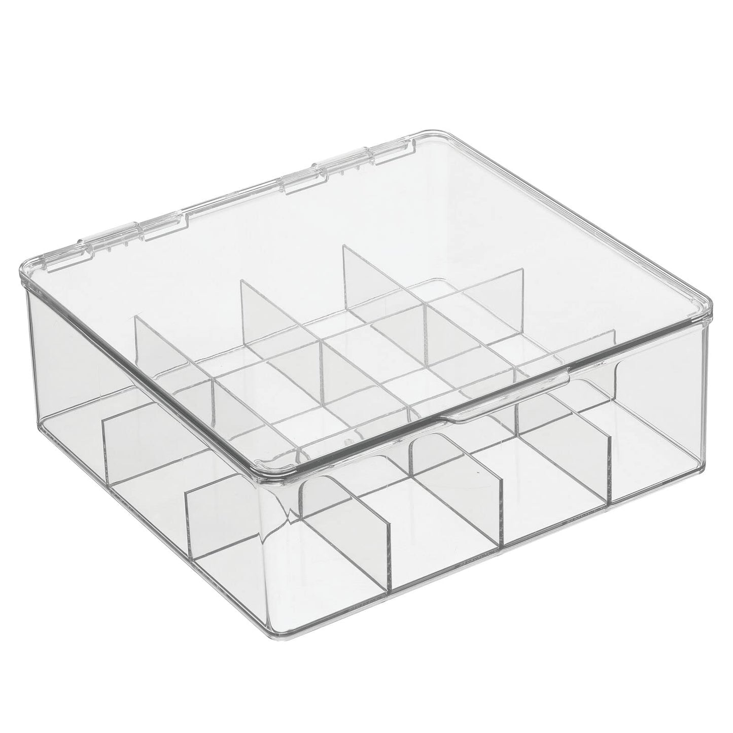 mDesign Plastic Kitchen Organiser — Practical Storage Box with 12 Compartments and Hinged Lid — Pantry Storage Box with Lid for Tea, Coffee, Spices and Other Foodstuffs — Clear