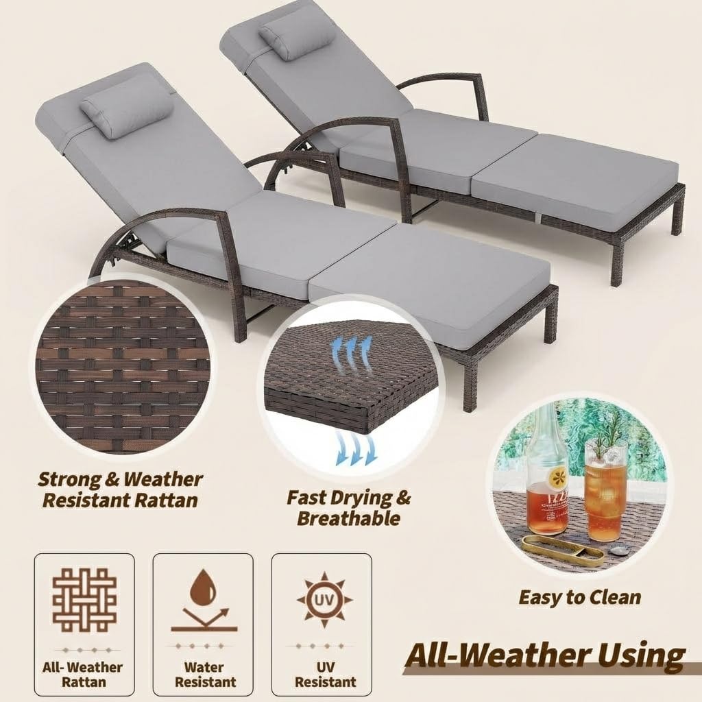 Garvee Outdoor Chaise Lounge Set of 2, 5-Position Adjustable PE Wicker Reclining Chairs with Wheels & 3.5" Cushions, 400 lbs Capacity All-Weather Patio Furniture for Poolside, Garden, Beach(Gray)