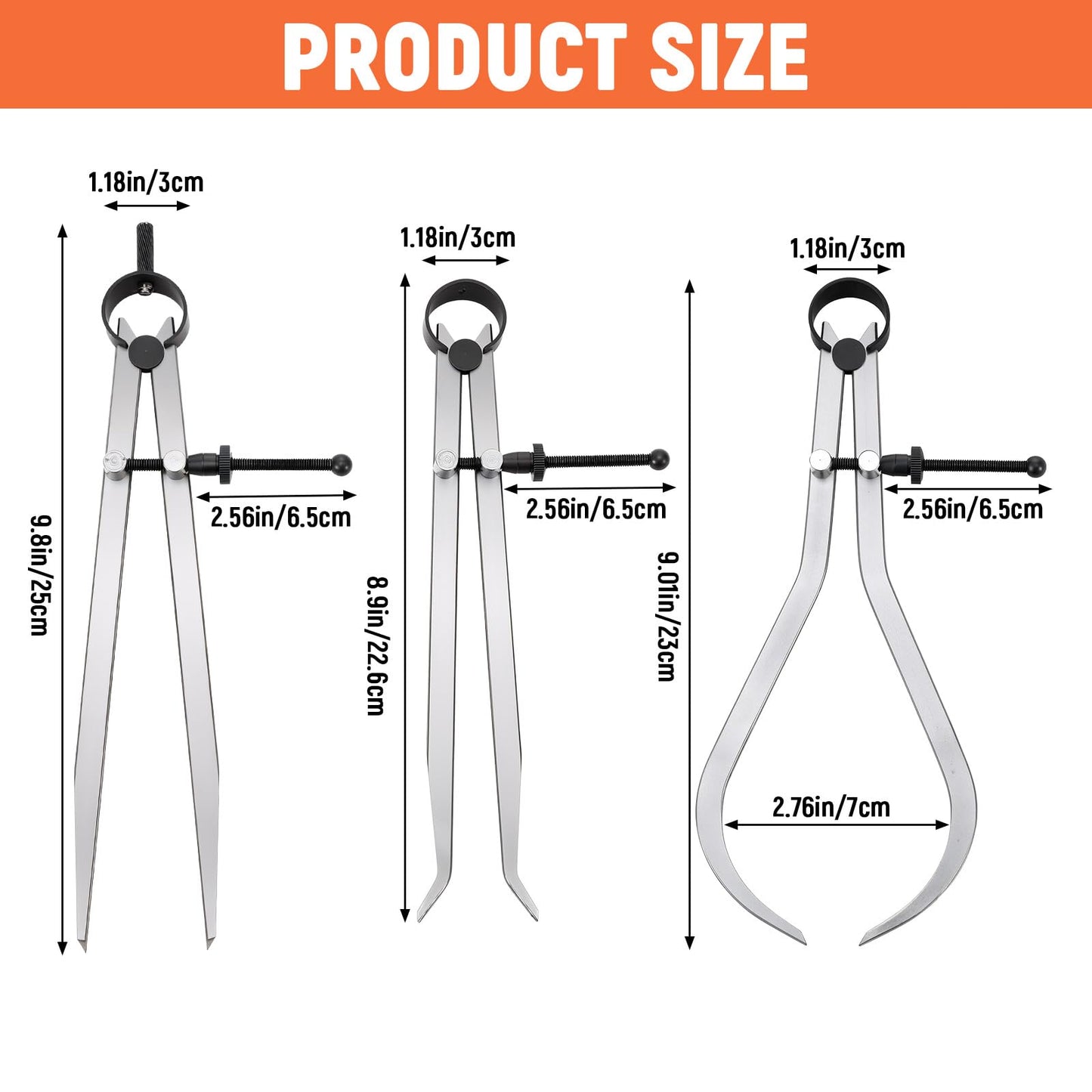 3 Pcs 8 Inch Long Spring Caliper Set, Carbon Steel Outside Divider Caliper Compass, Calipers Measuring Tool for Wood Turning Lathe Projects