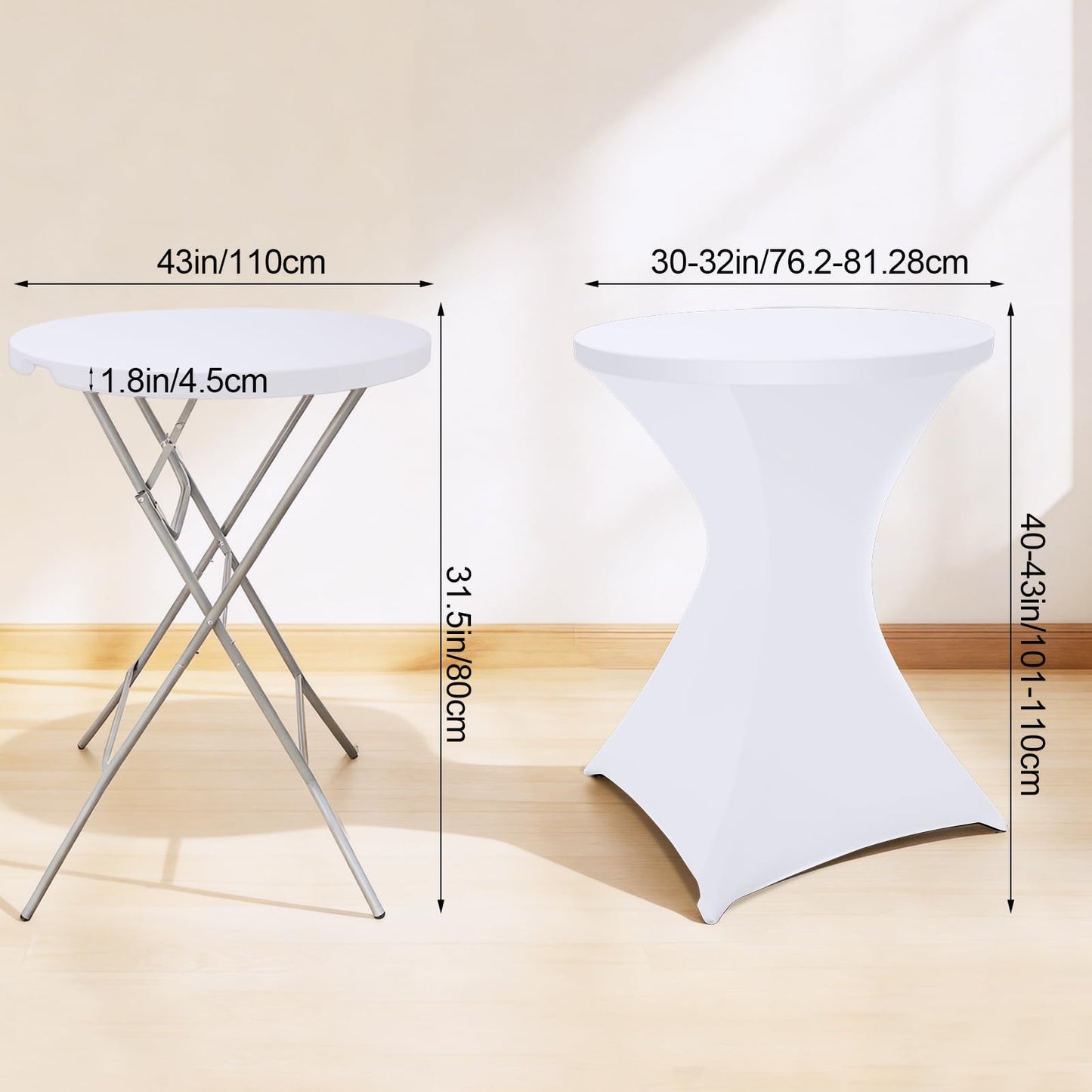 HTVSHEE 2 Set 32" Cocktail Tables Round Folding High Top Tables with Removable Legs & 2 White Stretch Table Cover Hightop Table for Bar Indoor Parties Patio Wedding