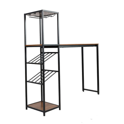 Flash Furniture Jura Metal Bar and Wine Table with Bottle and Stemware Storage, 2 Slanted Bottle Shelves, 3 Stemware Hangers, Waterproof Table Top, Black/Walnut