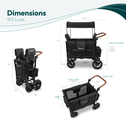 WonderFold W2 Luxe Stroller Wagon - Collapsible Stroller Wagon with Steel Frame - Adjustable Canopy & Push Handle - XL All-Terrain Wheels - for Babies, Toddlers & Kids - 2 Seater - Black
