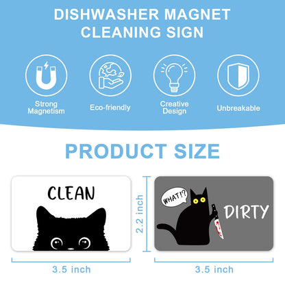Funny Black Cat Cartoon Clean Dirty Dishwasher Magnet, Washing Machine Magnets Flip, Cute Cat Refrigerator Clean Dirty Sign, Double Sided Reversible Non Scratch Dish Washer Magnet Sign (White&Gray)