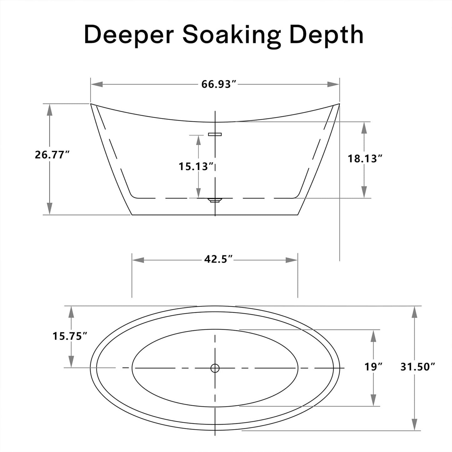 Empava 67" Luxury Freestanding Soaking Bathtub - Modern Oval Spa Tub for Deep Relaxation & Master Bathroom Sanctuary, High-Gloss Acrylic with Brushed Nickel Overflow and Drain, cUPC Certified