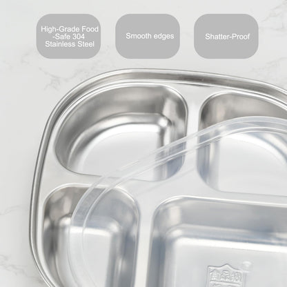 5-Pack Stainless Steel Divided Plates with Lids – Adults Portion Control Meal Trays – BPA-Free, Non-Toxic, Shatterproof – 4 Sections for Balanced Meals, Weight Loss, School, Travel – Dishwasher Safe