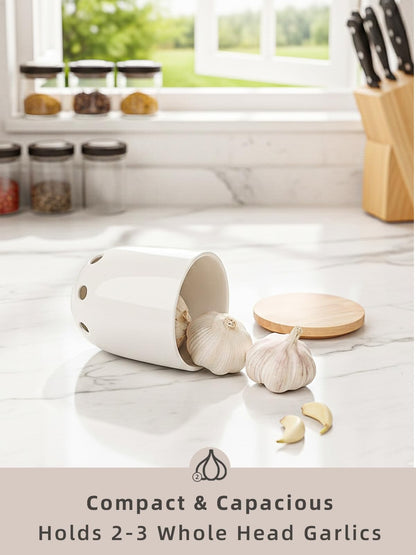 LEETOYI Ceramic Garlic Keeper for Counter, Garlic Holder with Wood Lid, Garlic Container for Kitchen, Garlic Saver to Keep Your Garlic Cloves Fresh Longer (White)