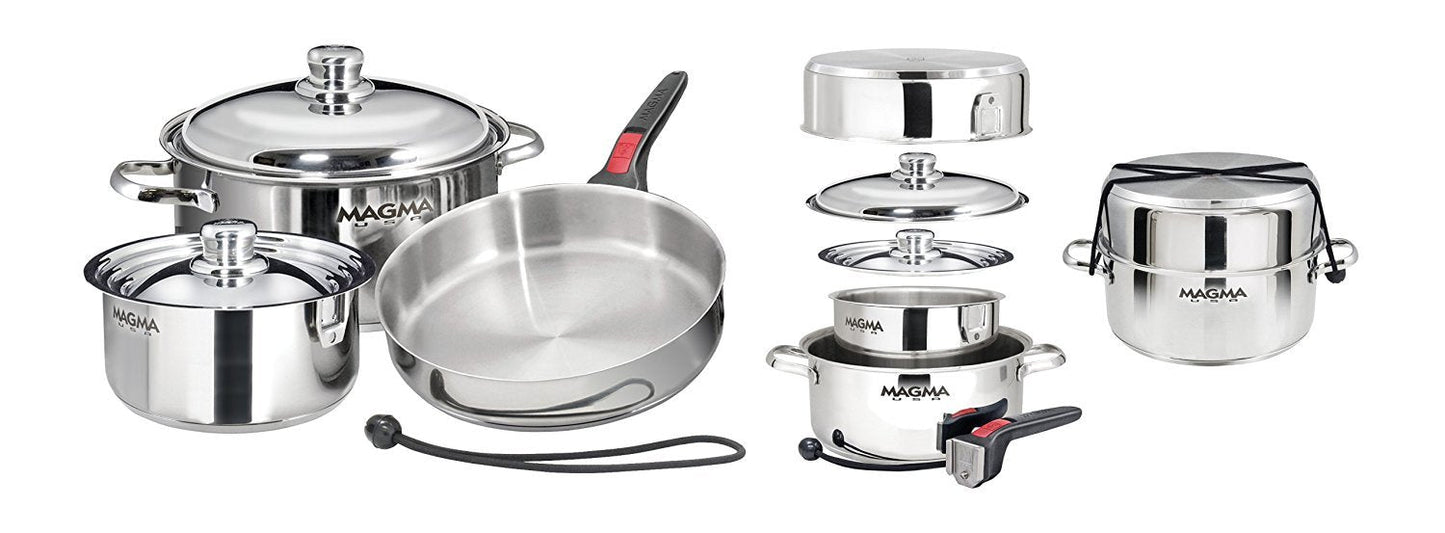 Magma 7 Piece Gourmet Nesting Stainless Steel Cookware Set, Induction Compatible, Oven Safe to 500°F - Suitable for All Stovetops, Removable Handles, Black