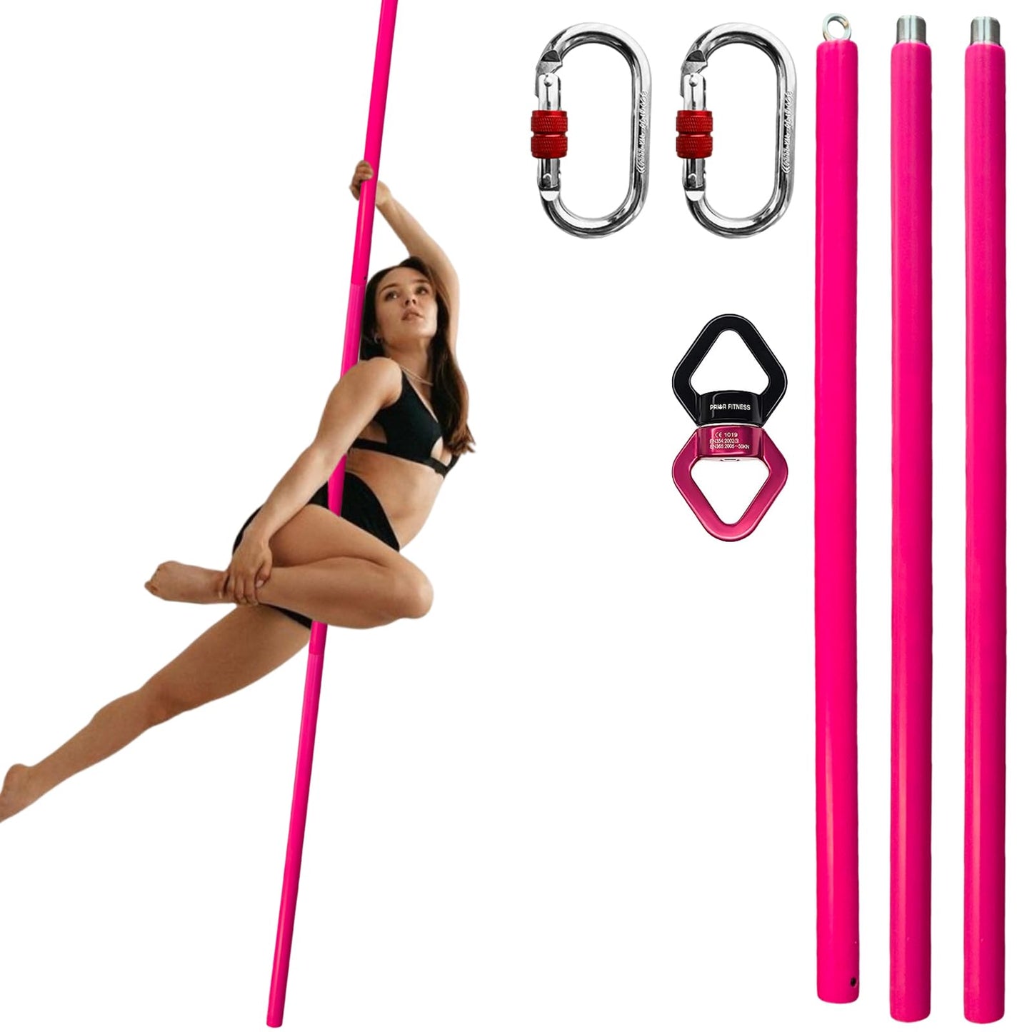 PRIOR FITNESS Aerial Flying Pole Set, Pink 3m Aerial Dance Pole W/Non-Slip Silicone Cover, SGS Professional Hanging Pole with Rigging Hardware, Portable for Home, Gym, Dance Club & Party