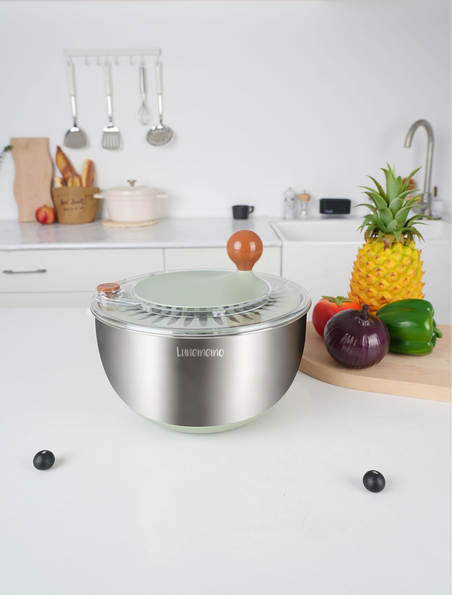 Lunememo Stainless Steel Salad Spinner, Lettuce Spinner with Drain, Non-Slip Base, Stop Button, Vegetable Dryer, BPA Free, 5.3 Qt