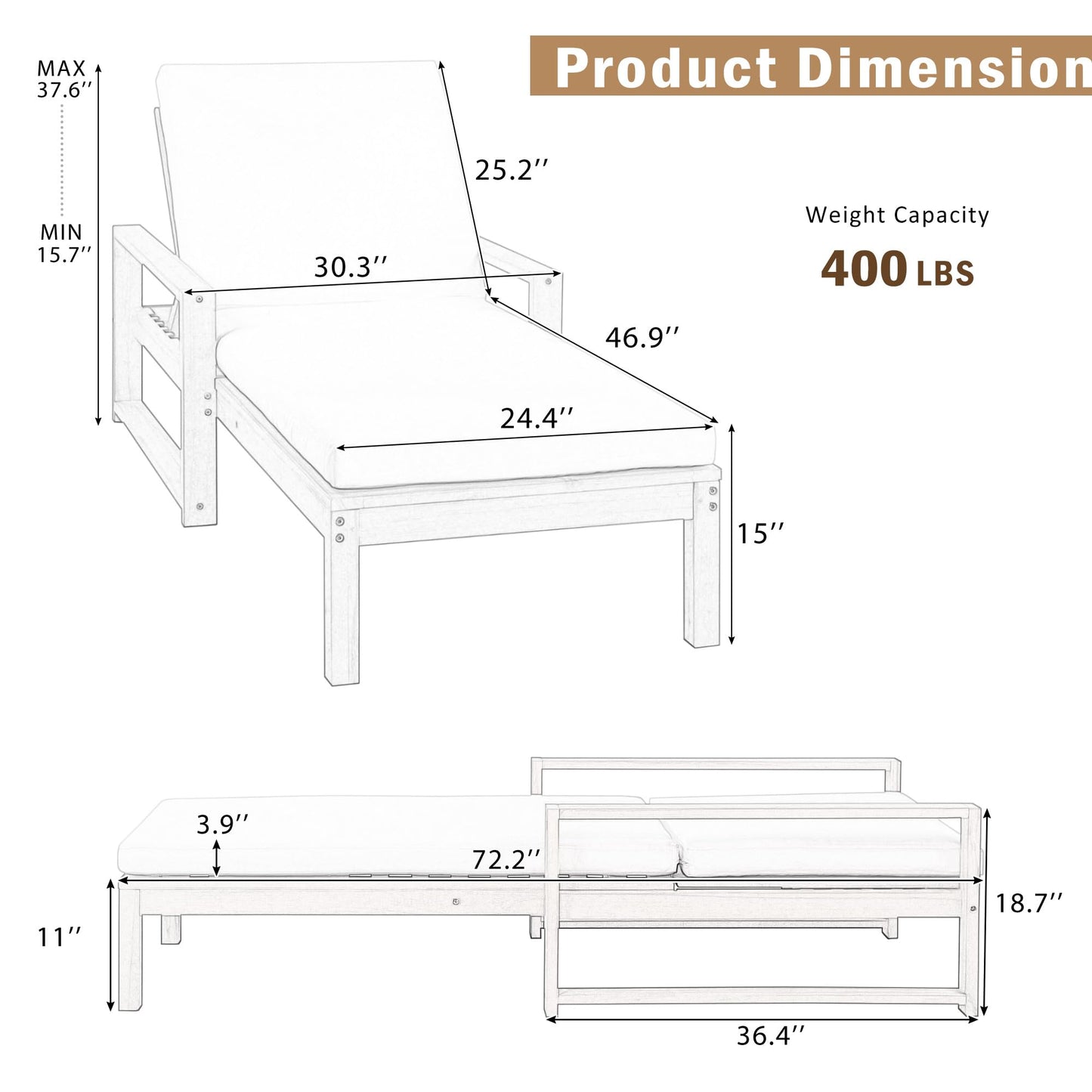 Outdoor Chaise Lounge Chair Set of 2, Patio Chaise Lounge Recliner with Adjustable Backrest, Acacia Wood Poolside Chaise Lounge with Thick All-Weather Cushions for Patio, Deck and Backyard(A)