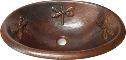 Simply Copper 19" Oval Copper Drop In Bathroom Vanity Sink with Dragonfly Design with Daisy Drain & 9" ORB Faucet