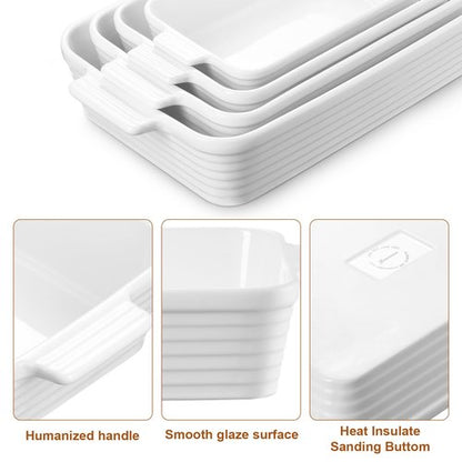 Jassceram Casserole Dishes for Oven, Porcelain Baking Dishes Set of 4, Rectangular Ceramic Casserole Dish with Handles, Deep Lasagna Pan for Kitchen Baking, 9.6" to 15.2", Nesting Design, White