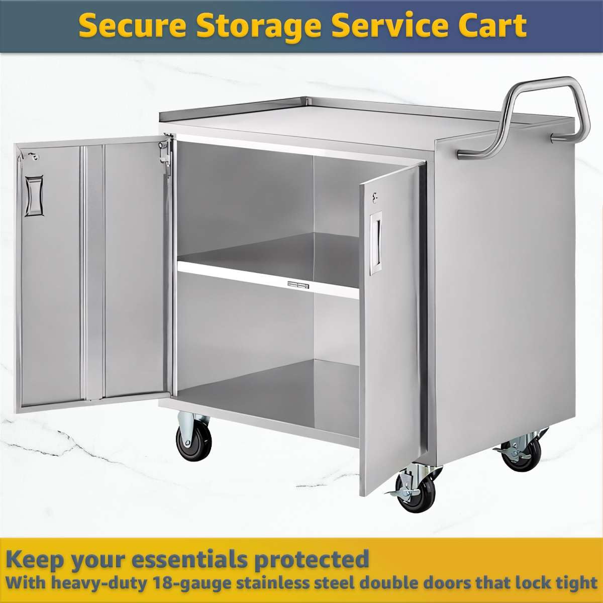 21" x 33" Commercial NSF Stainless Steel Utility Cart - 3 Shelf Enclosed Base with Locking Doors, Heavy-Duty Service Cart on Wheels for Kitchens and Catering