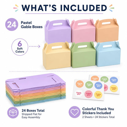 Treelement 24 Pcs Party Favor Gable Boxes with Handle and Stickers, 6×3.5×3.5 Inch Colorful Treat Boxes for Candies, Birthday, Wedding, Bridal Shower.