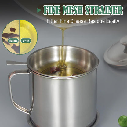 Tellshun Bacon Grease Container with Strainer 1.25 L / 42 oz Strong Kitchen Catcher Food-grade Stainless Steel Cooking Oil Keeper with Lid and Easy-Grip Handle Suitable for Storing Frying Oil