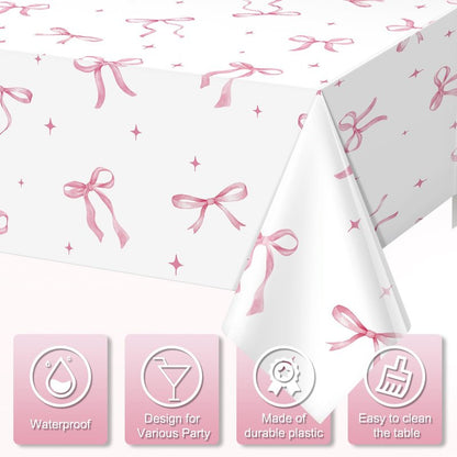 KEASKELL 3Pcs Coquette Party Tablecloths Decorations,Pink Bow Plastic Table Cover Disposable Rectangle Table Cloth for Girls Birthday Bridal Wedding Party Supplies,54x108 Inch
