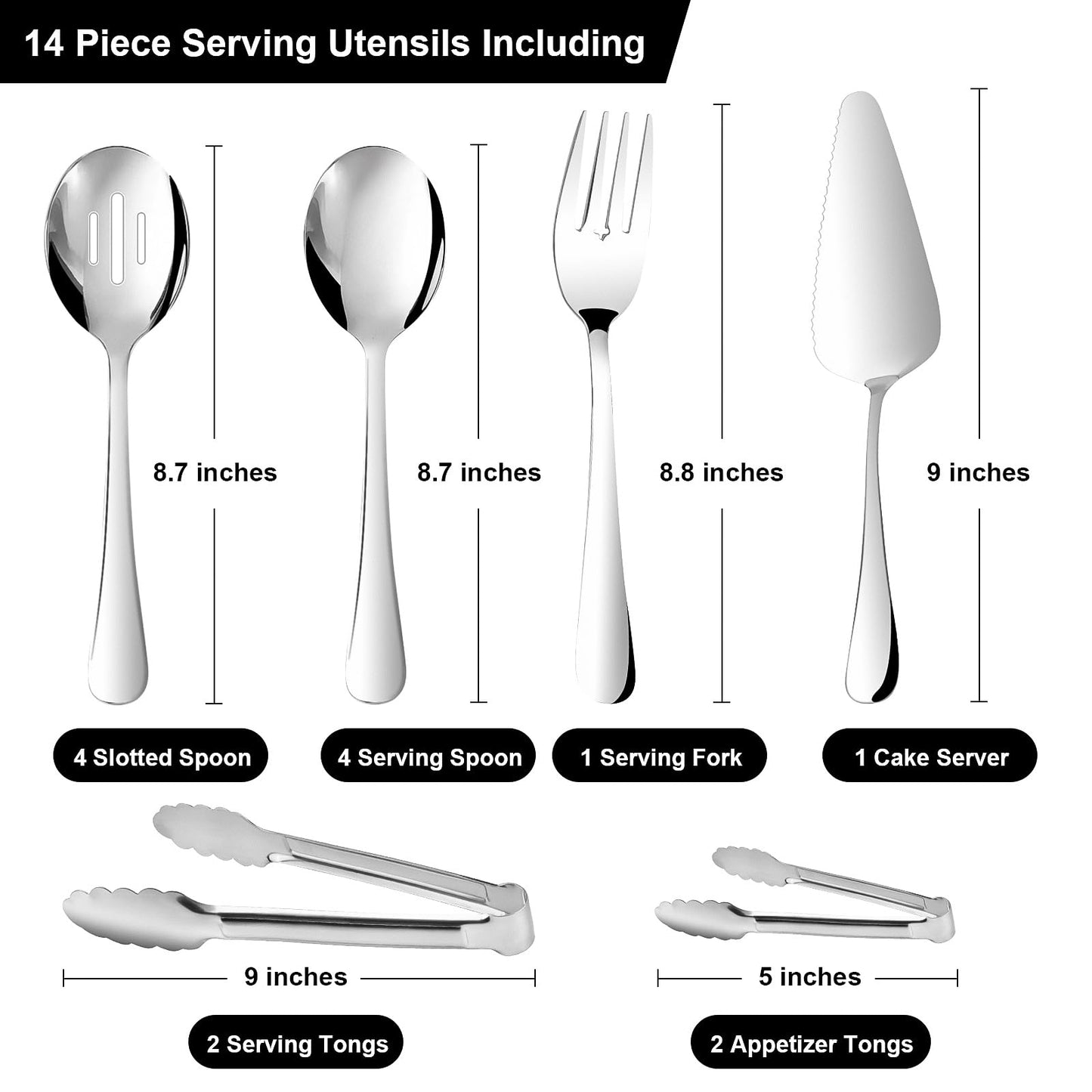 14PCS Serving Utensils - Hostess Serving Utensils Set, Premium Stainless Steel 8.7 inch Serving Utensils, Slotted Spoons, Fork, Tongs, Cake Pie Server for Buffet, Wedding, Dinner (Silver)