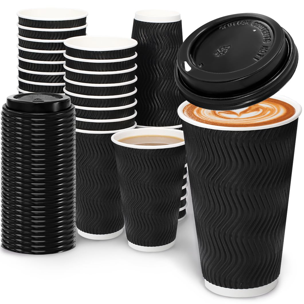 BYSNOW 100 Pack 16 oz Coffee Cups with Lids, Disposable Insulated Hot Cups To Go Paper Coffee Cups, Corrugated Ripple Wall Cup for Hot Drink, Office, Coffee Bar (Black 16 oz)
