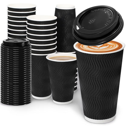 BYSNOW 100 Pack 16 oz Coffee Cups with Lids, Disposable Insulated Hot Cups To Go Paper Coffee Cups, Corrugated Ripple Wall Cup for Hot Drink, Office, Coffee Bar (Black 16 oz)