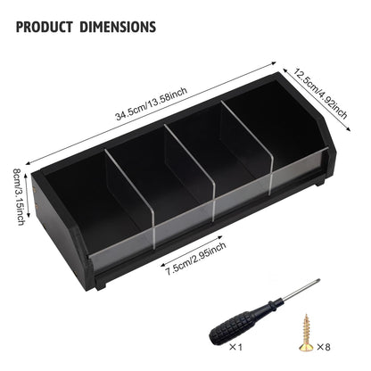 Tea Bag Holder Organizer Box with 4 Compartments, Pine Wood and Acrylic, 13.5 x 4.9 x 3.1 inches for Drawer, Cabinet, Countertop, Tea Tray (Black)