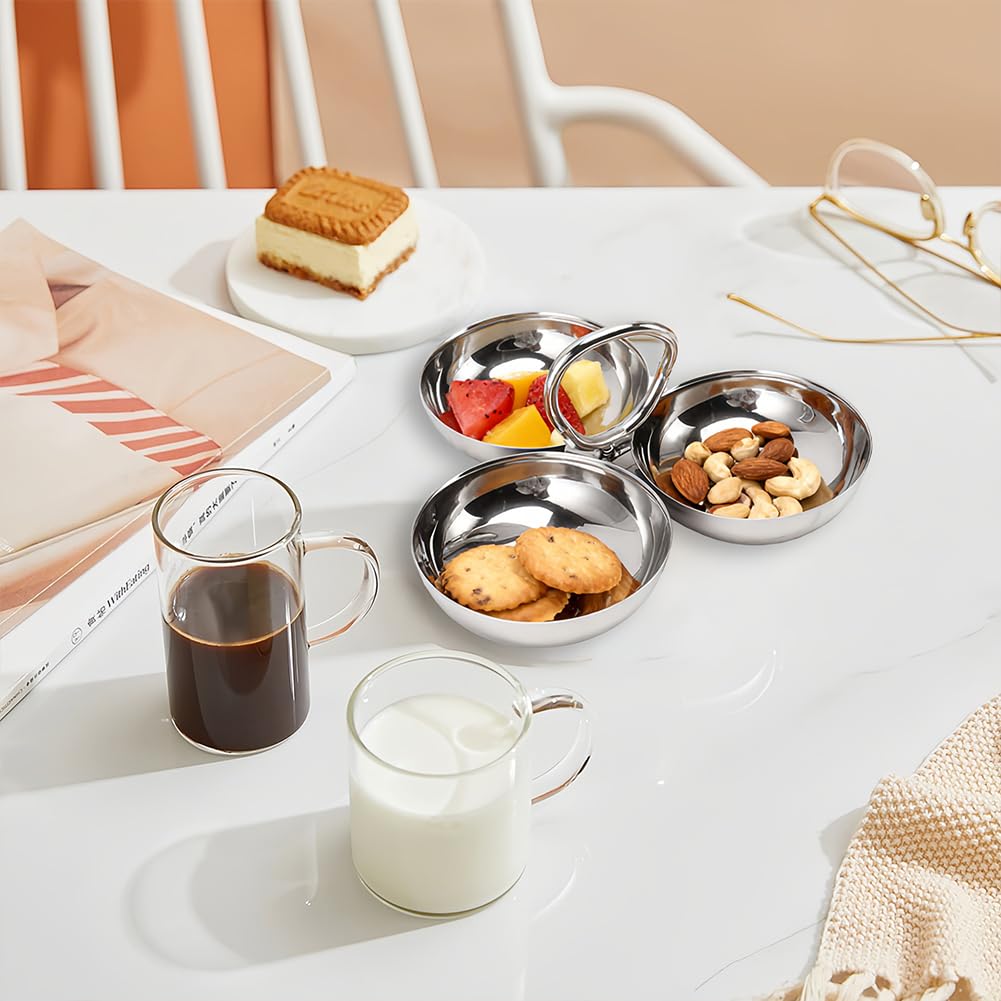 Leopacat Stainless Steel Snack Plate, Cluster Serving Bowls Connected 3 In 1 Fruit Bowl Plate Reusable Dessert Plates for Fridge Simple Tray Portable Home Kitchen Party Candy（ Ring style)