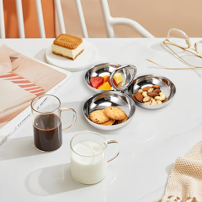 Leopacat Stainless Steel Snack Plate, Cluster Serving Bowls Connected 3 In 1 Fruit Bowl Plate Reusable Dessert Plates for Fridge Simple Tray Portable Home Kitchen Party Candy（ Ring style)