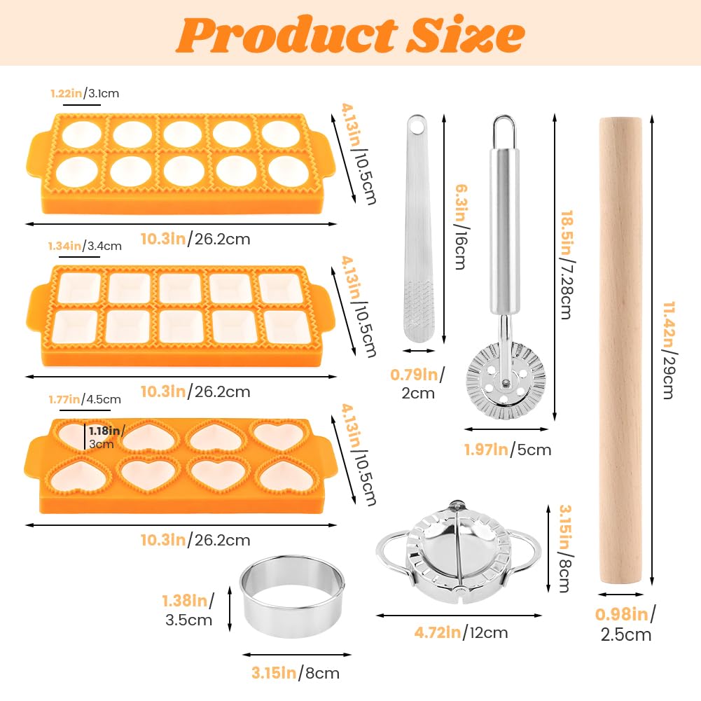 8PCS Ravioli Maker Press Set,Ravioli Stamp Maker Cutter with Wood Rolling Pin,Empanada Maker-Press,Ravioli Wheel and Stuffing Spoon,for Homemade Pasta,Dumpling,Pastry Kit(Yellow)