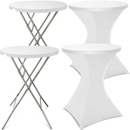 HTVSHEE 2 Set 32" Cocktail Tables Round Folding High Top Tables with Removable Legs & 2 White Stretch Table Cover Hightop Table for Bar Indoor Parties Patio Wedding