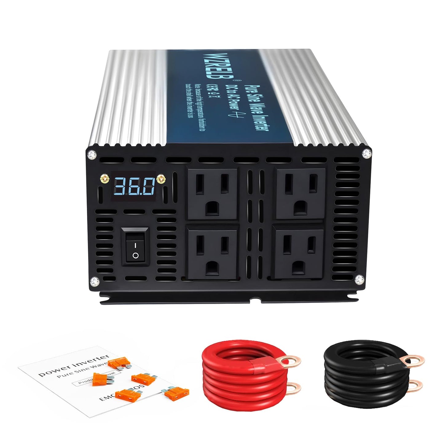 WZRELB 1800W Pure Sine Wave Inverter 12V DC to 110V 120V AC Power Converter with LED Display, Off-Grid Portable Power Inverter with 4 AC Outlets for Home, RV, Truck, Camping