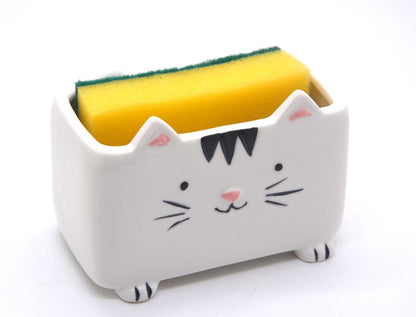 MONMOB Cat Sponge Holder Ceramic Cat Soap Holder Cute Cat Decor Kitchen Accessories Cat Home Decor Ceramic Kitchen Sponge Holder Cat Gifts Ideal Gifts for Women Birthdays Valentines Day Gifts