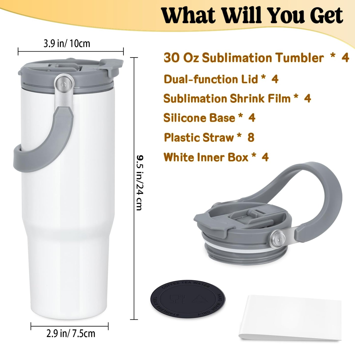 4 Pack 30oz Sublimation Tumbler with Handle, Sublimation Flip Straw Tumbler with Portable 2-in-1 Lid, Stainless Steel Insulated Water Bottle, Leak Proof Travel Coffee Mug Cup for Home, Outdoor or Car