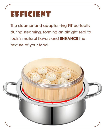 Stainless Steel Steamer Ring | 13 Inch, Fits 7 to 12 Inch Bamboo Steamer | Steaming Adapter for Steam Pot, Asian Food, Dumpling, Dim Sum, Rice, Veggie for Cooking Basket