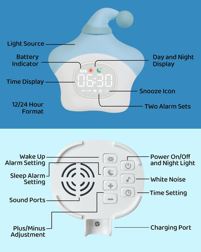 Star Alarm Clock with Night Light for Kids with Sleep Training and Sound Machine, Rechargeable Silicone Lamp OK to Wake