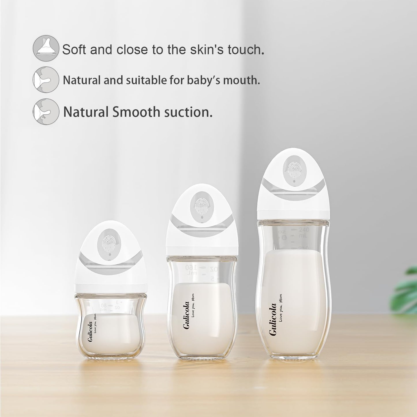 Gulicola Natural Glass Baby Bottle 8 oz for Breastfed Babies, Anti-Colic Baby Bottle Set with Medium Flow Nipple, 3 Months +, 4 Pack - White