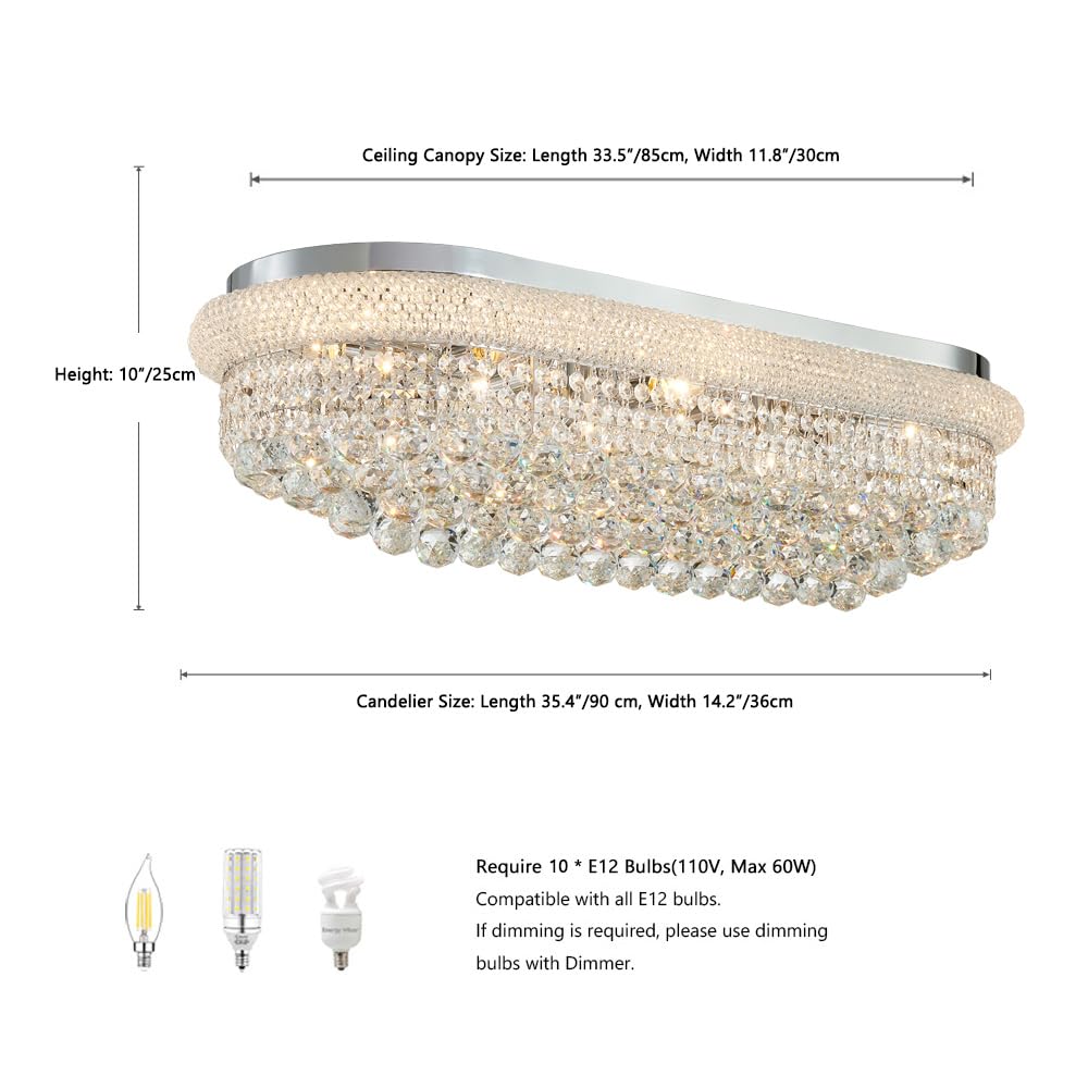 TMAFON Modern Rectangle Ceiling Crystal Chandelier - Length 36 inches Fulsh Mounting Chandeliers, Oval Light Fixtures for Living Dining Room, Bedroom