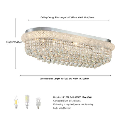 TMAFON Modern Rectangle Ceiling Crystal Chandelier - Length 36 inches Fulsh Mounting Chandeliers, Oval Light Fixtures for Living Dining Room, Bedroom