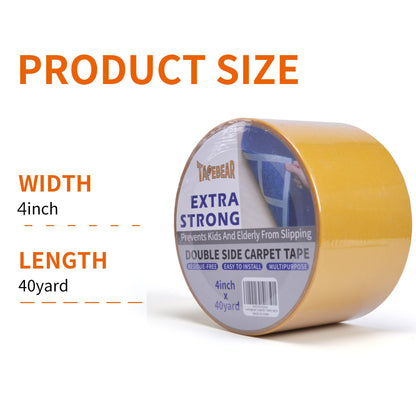 TAPEBEAR Heavy-Duty Double Side Carpet Tape, Carpet Tape for Rug, Wood, Floor, Residue-Free Rug Tape, Multipurpose Gripper Non Slip Tape, 4inch X 40yard
