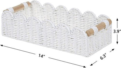 CubesLand Scalloped Edge Toilet Paper Storage Basket - Cozy Home Decor | White with 2 Wooden Handles
