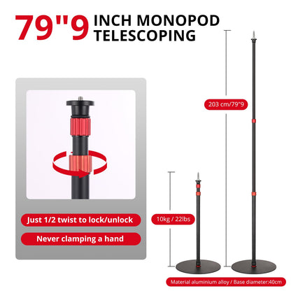 GVM YB2L200 79.9in Heavy Duty Light Stand Kit (2-Pack), Round Base Monopod, 10kg Load Capacity, Flat Base for Stability, for Video Recording, Live Streaming, Interviews & Photography Studio