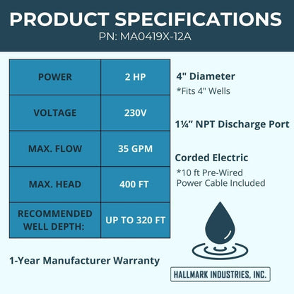Hallmark Industries MA0419X-12A Deep Well Submersible Pump, 2 HP, 230V, 35 Gpm, 420 feet, Stainless Steel
