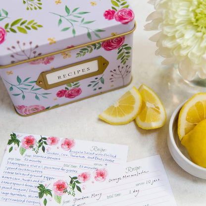 Jot & Mark Recipe Card Complete Gift Box | Decorative Pink Peonies Recipe Tin Box