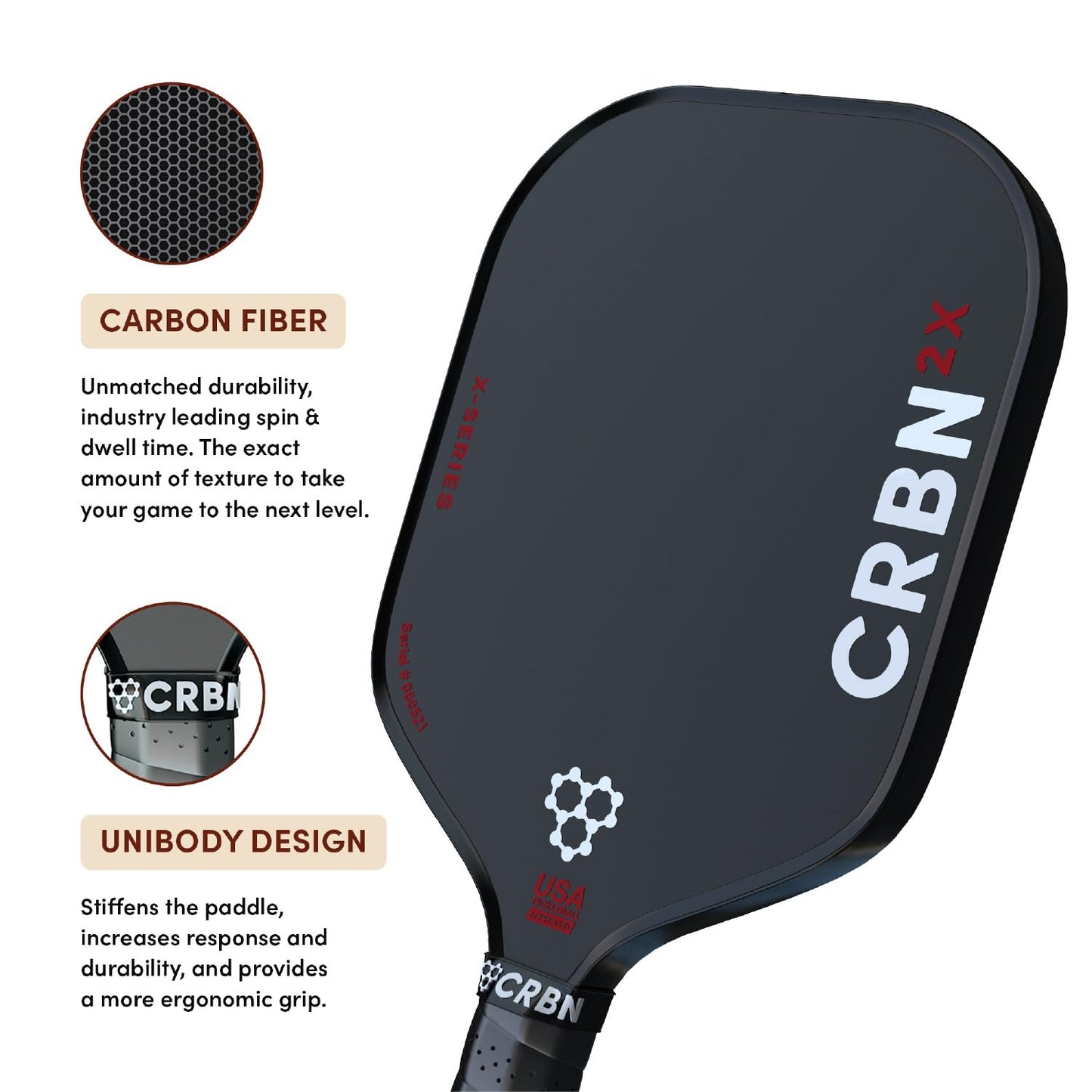 CRBN Pickleball – X Series Power Paddle (2X, 16mm) + Pro Team Tour Paddle Bag with Zip-Off Sling – Carbon Fiber Paddle & Multi-Pocket Gear Bag - - Virtual Bundle