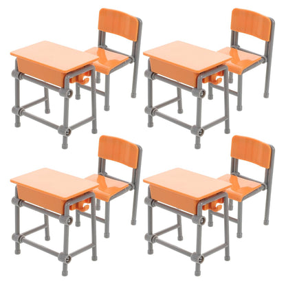 Toddmomy Miniature Plastic Classroom Desk and Chair 4-Set, Realistic Dollhouse School Furniture Accessories for Diorama Decor